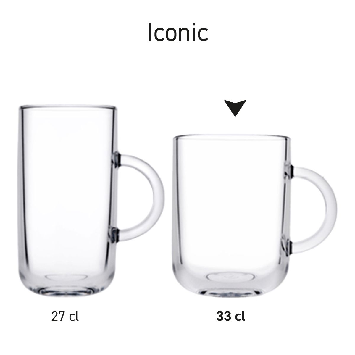Infographic toont hoogte, diameter en inhoud van het theeglas Iconic 33 cl.