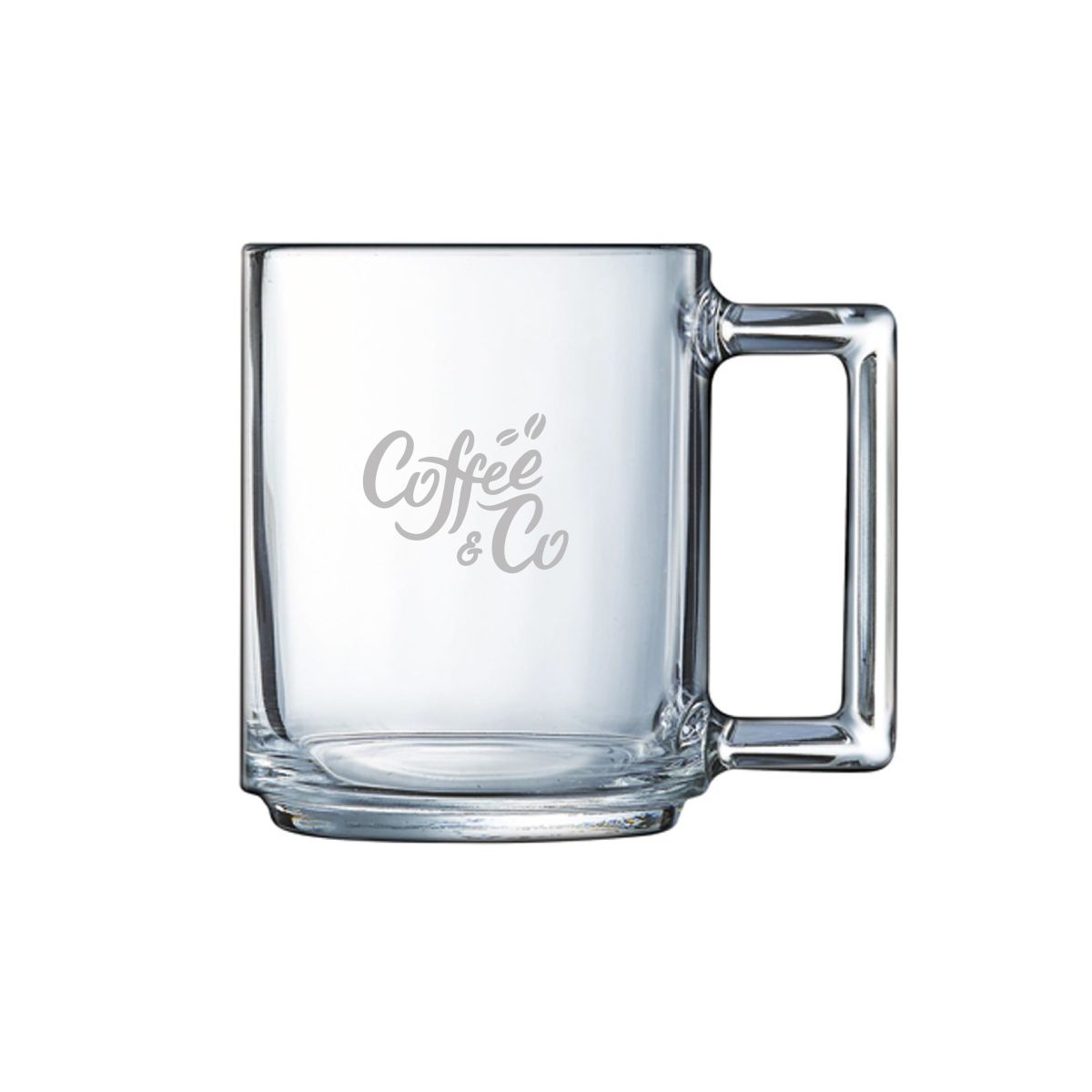 Vooraanzicht van Theeglas Karo 25 cl. van glas met subtiele CoffeeCo-logo gravure die permanent in het glas is aangebracht.