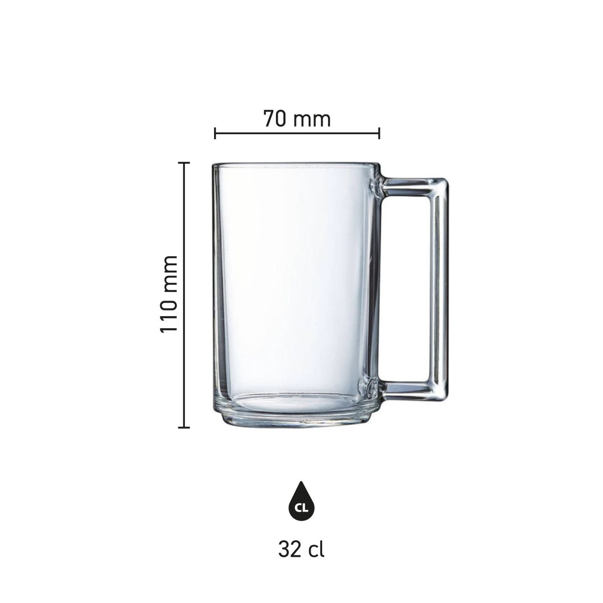 Infographic toont de exacte afmetingen van het glazen theeglas Karo 32 cl. in millimeters.