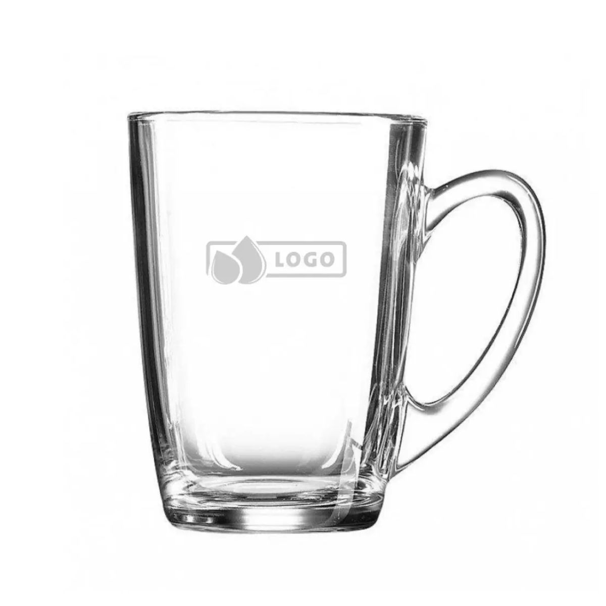 Gegraveerd logo op voorzijde van theeglas New Morning Hoog 32 cl. verfijnd aangebracht in het glas.
