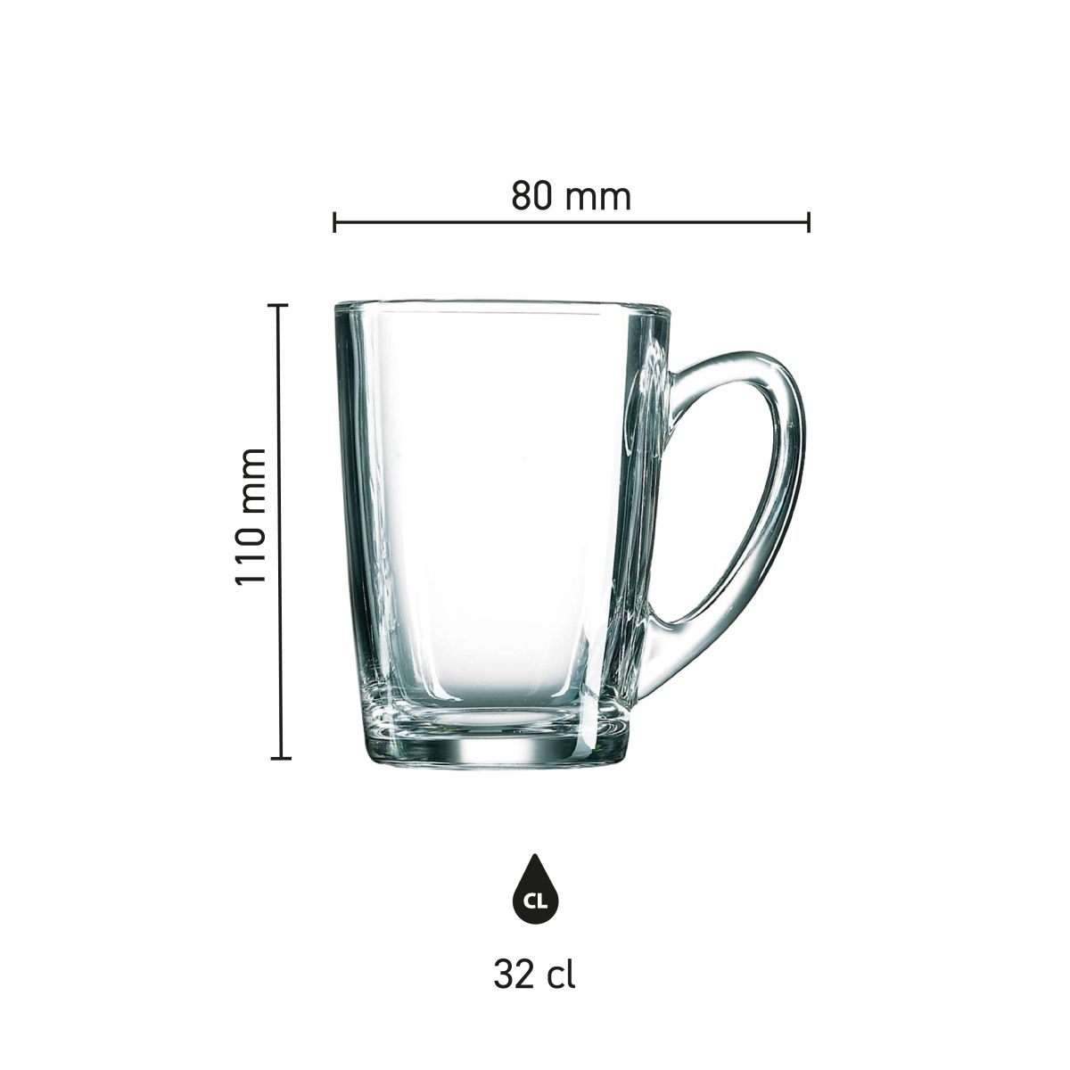 Infographic met productafmetingen van theeglas New Morning Hoog 32 cl. toont hoogte en diameter.