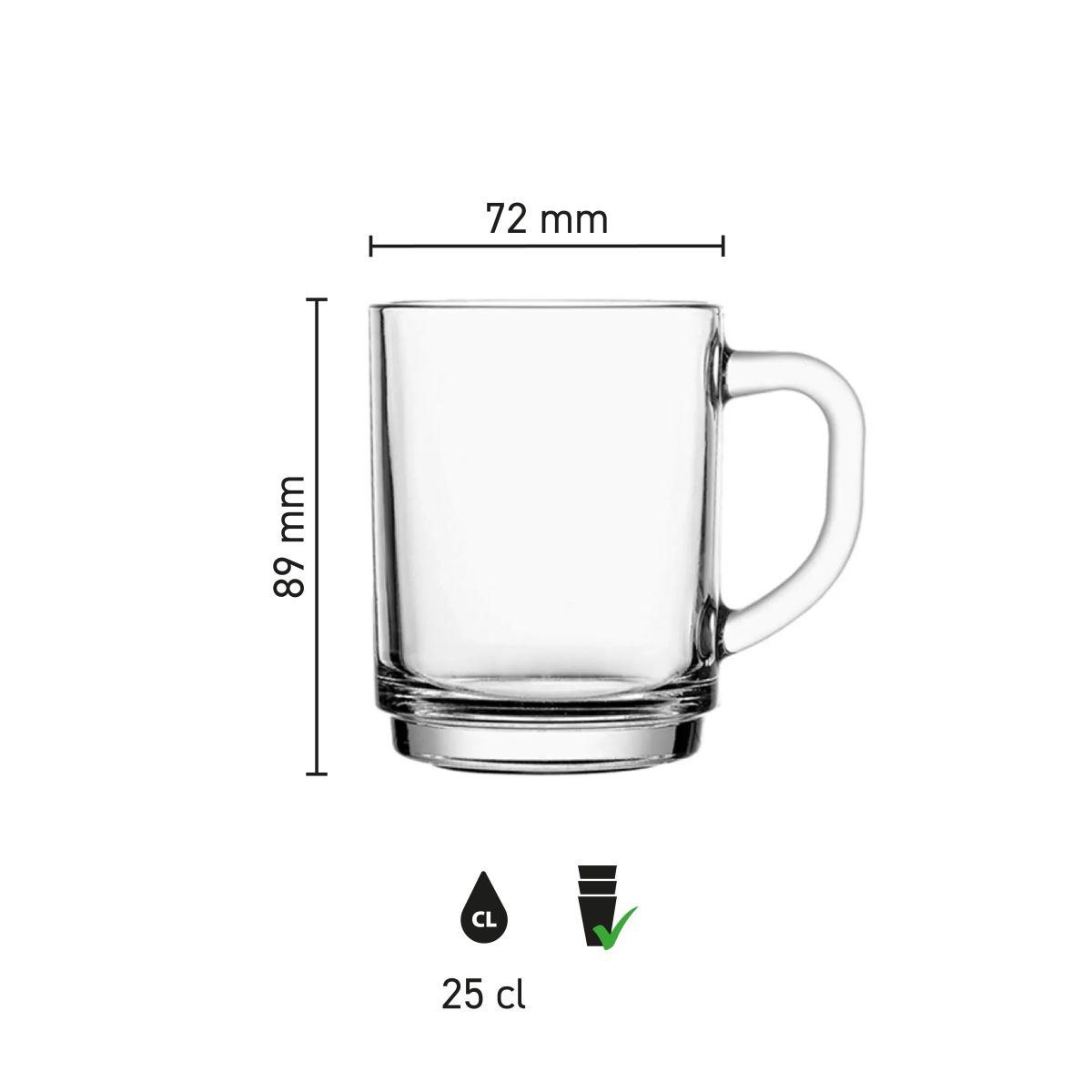 Infographic toont hoogte, diameter en volume van het Stapelo theeglas 25 cl. graveren glas.