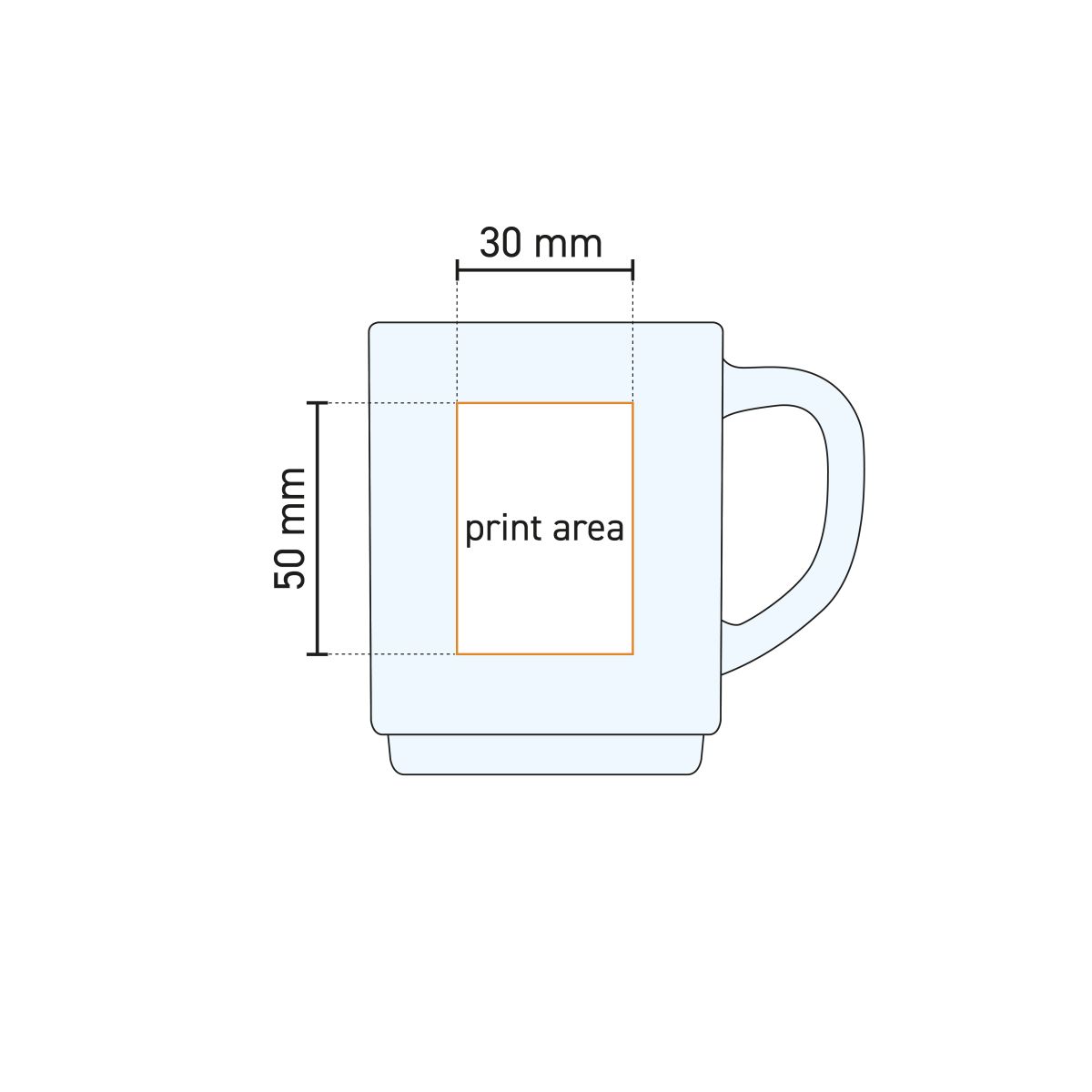 Overzicht van het drukgebied op het theeglas Stapelo 25 cl in technische werktekening.