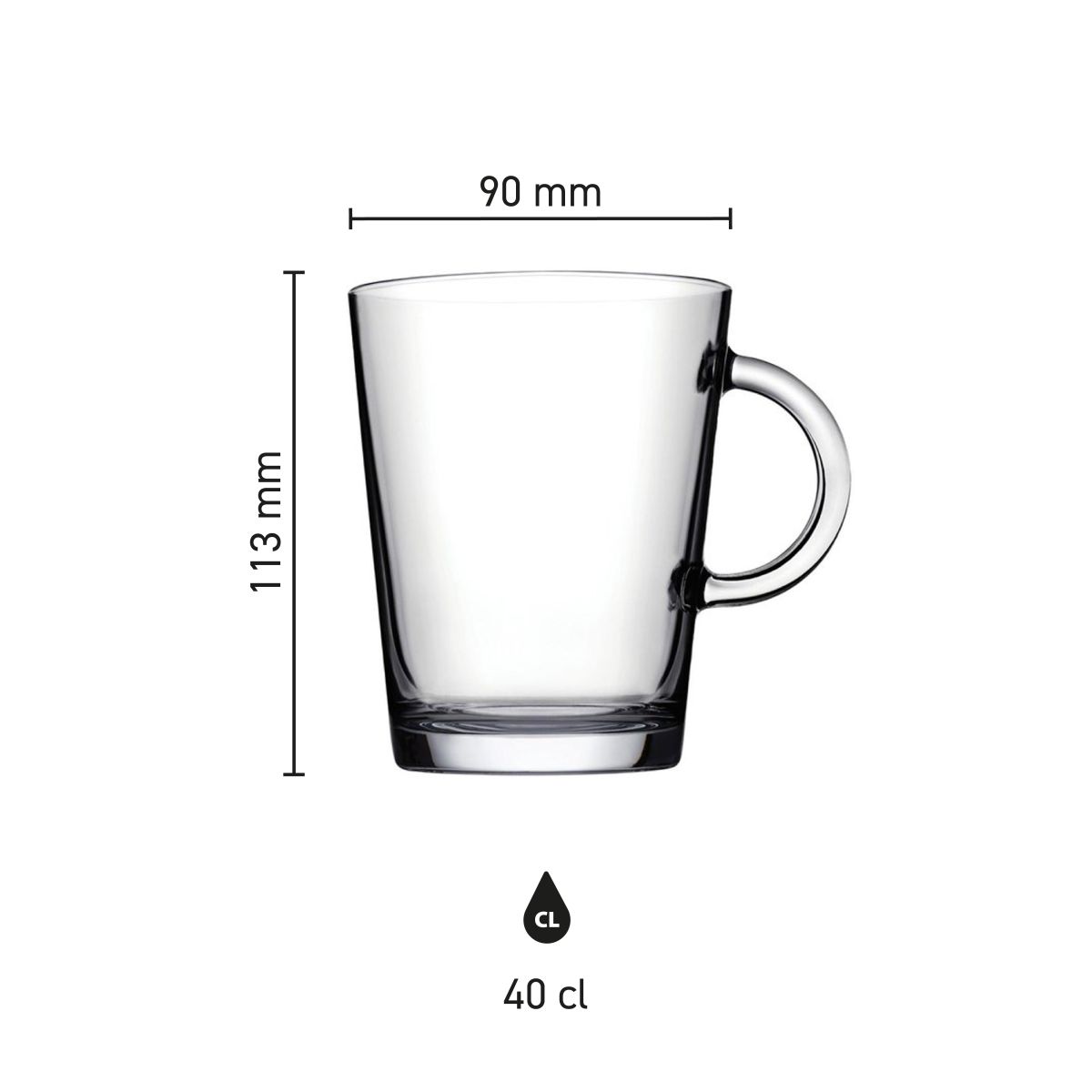 Infographic toont hoogte, diameter en inhoud van het theeglas Tribeca 40 cl.
