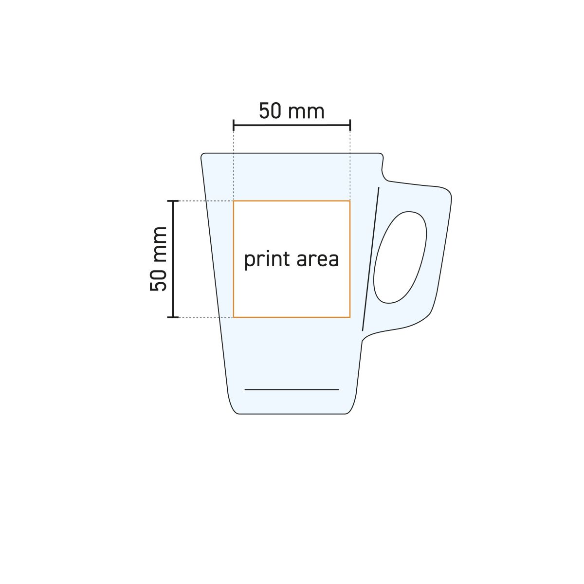 Technische werktekening van het Theeglas Vela 25 cl glas met drukgebied-aanduiding
