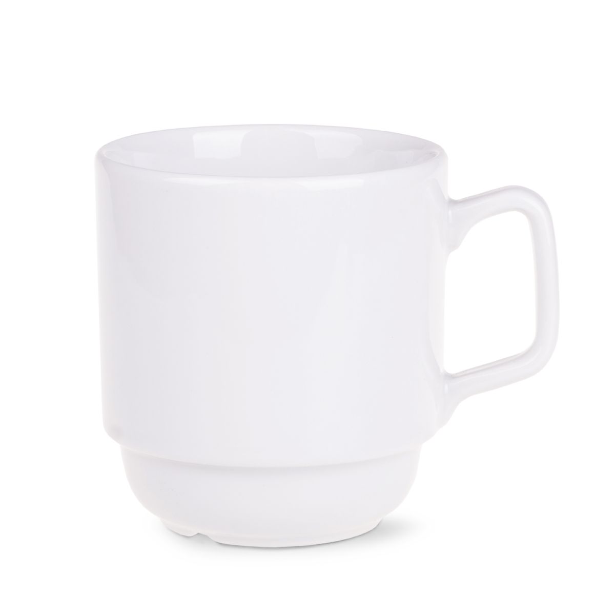 Vooraanzicht van witte Torino mok 28 cl. porselein met cilindrische vorm en brede oor.