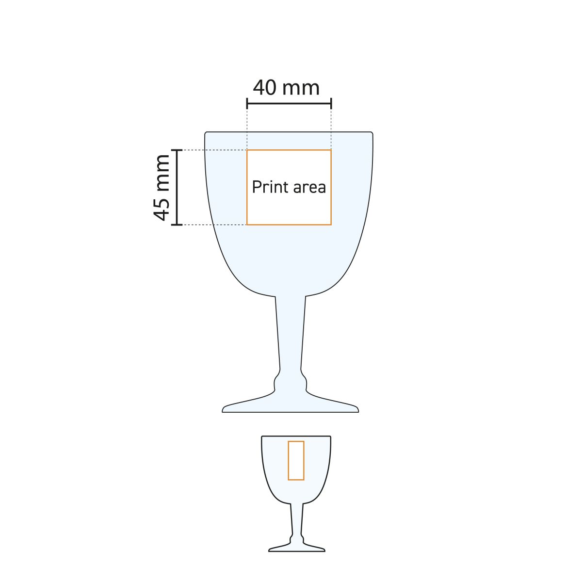 Technische werktekening van het Trappist Glas 25 cl tapmaat met drukgebied-aanduiding