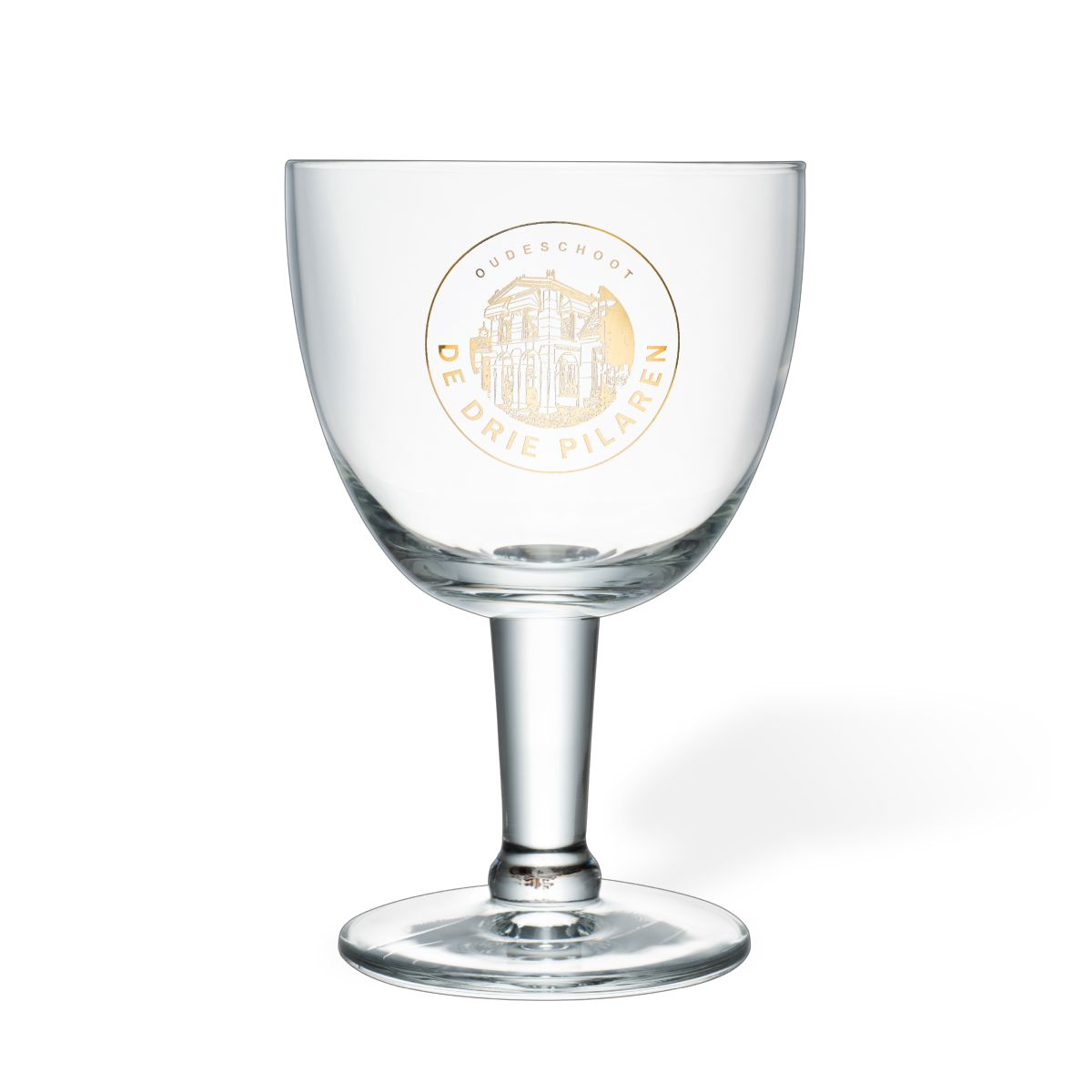 Trappist Glas 25 cl tapmaat met eenkleurig logo van De Drie Pilaren op het voorpaneel