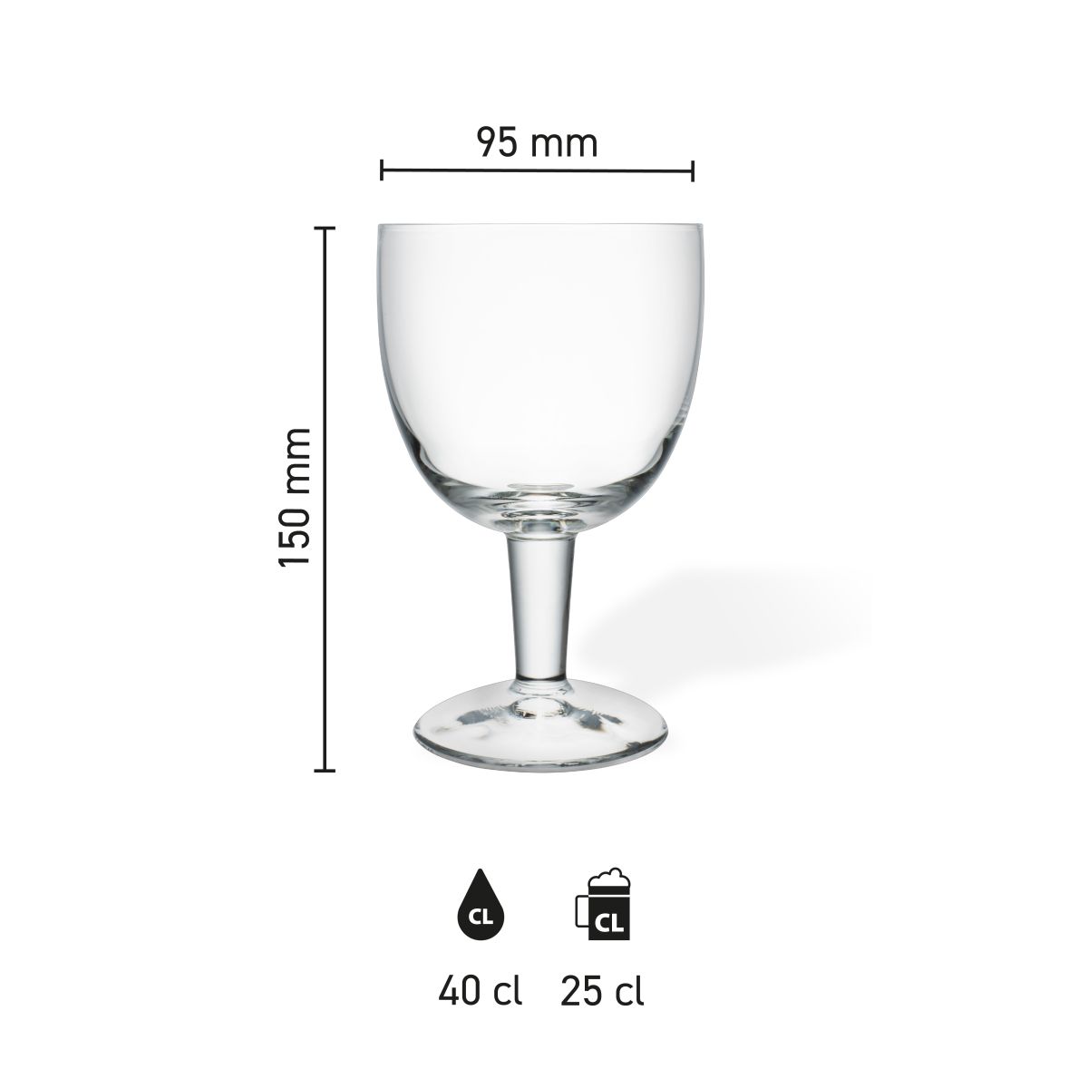 Maatvoering van het Trappist Glas 25 cl tapmaat met hoogte, diameter en inhoud in infographic