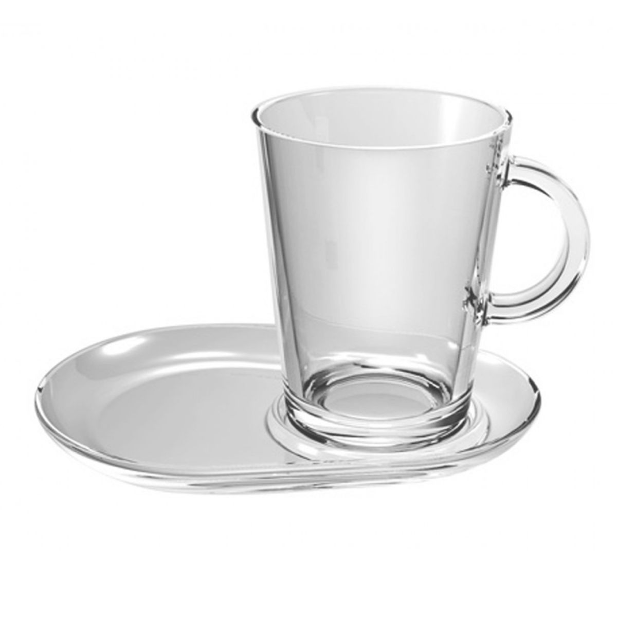 Vooraanzicht van Tribeca Thee glas 40 cl met blanco schotel in heldere uitvoering.