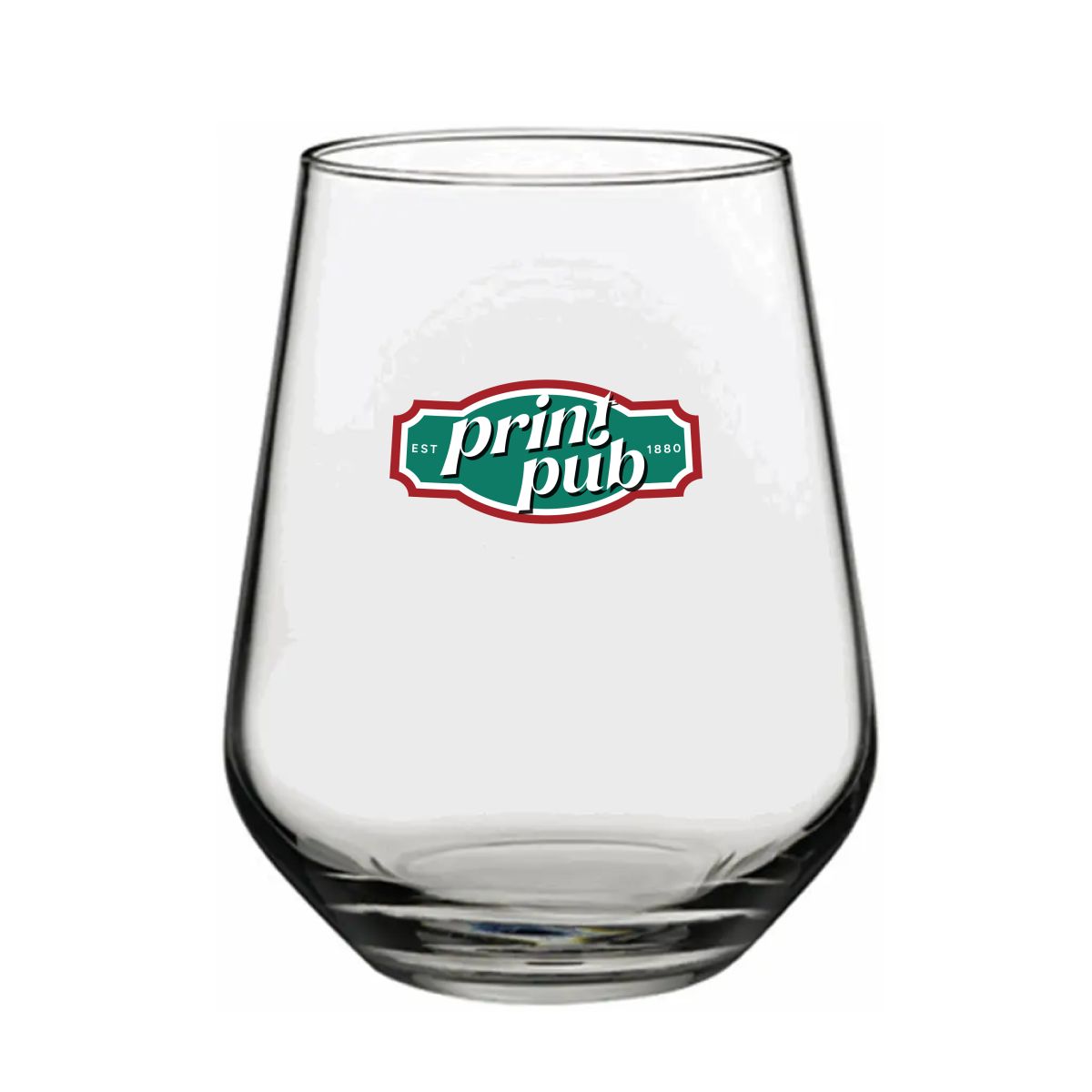 Heldere Tumbler Allegra 34,5 cl met meerkleurig PrintPub-logo op de voorzijde van het glas.