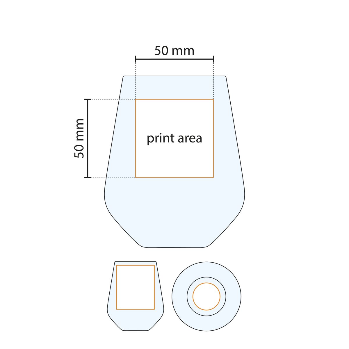 Technische werktekening van het tumblerglas Allegra met markering van het drukgebied voor logo- of tekstbedrukking.
