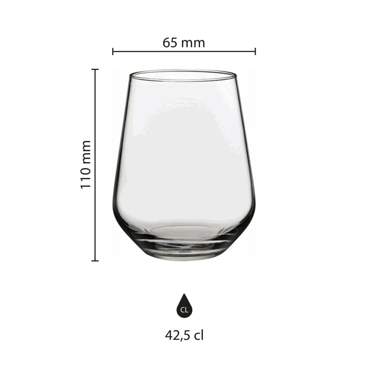 Infographic toont de afmetingen van het tumblerglas Allegra 42,5 cl. inclusief hoogte en diameter.