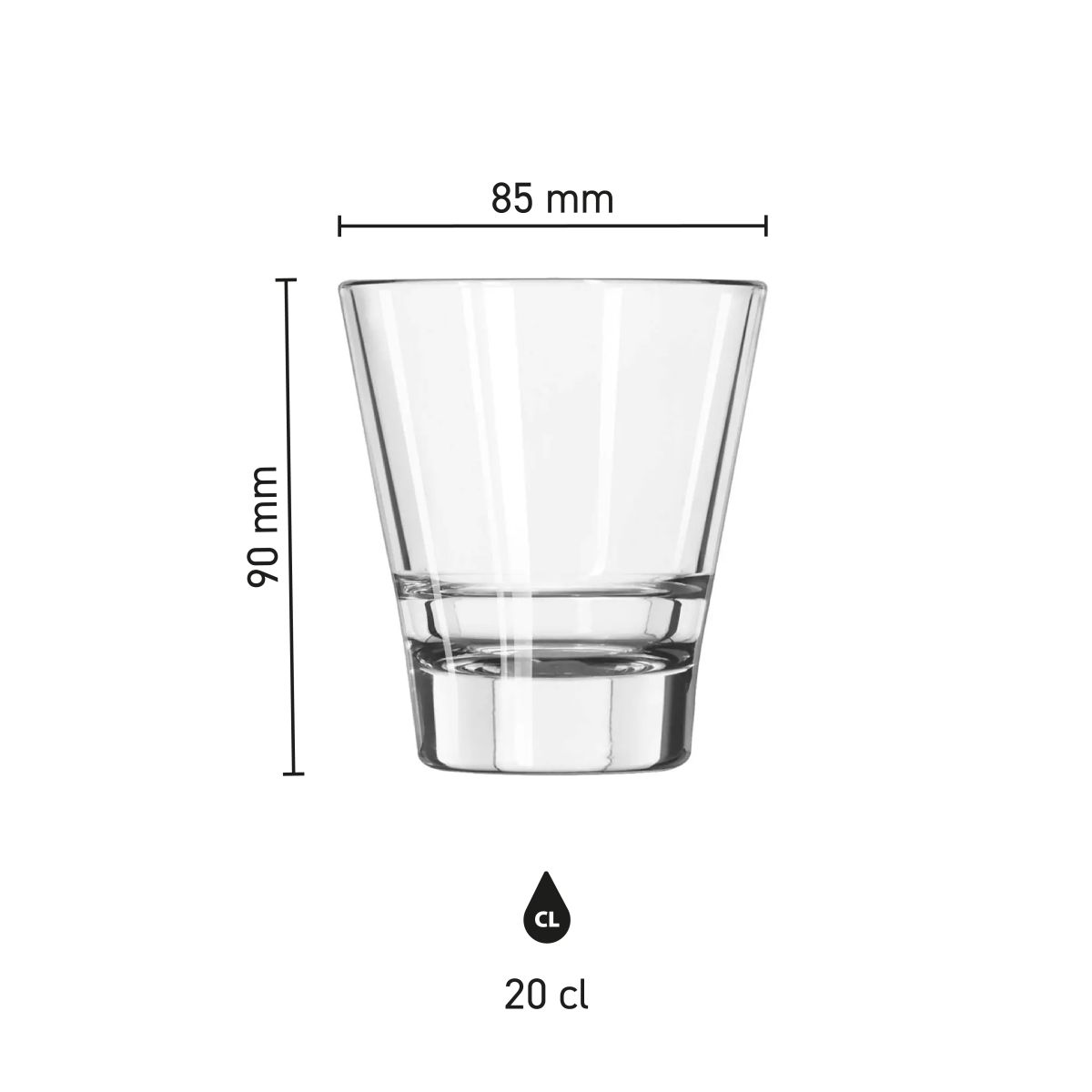 Infographic met productafmetingen van het Libbey Endeavor 20 cl tumblerglas met schaalverdeling.