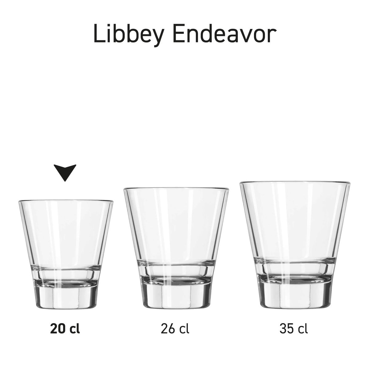 Serieoverzicht van meerdere Libbey Endeavor glazen met verschillende plaatsingen en hoeken.