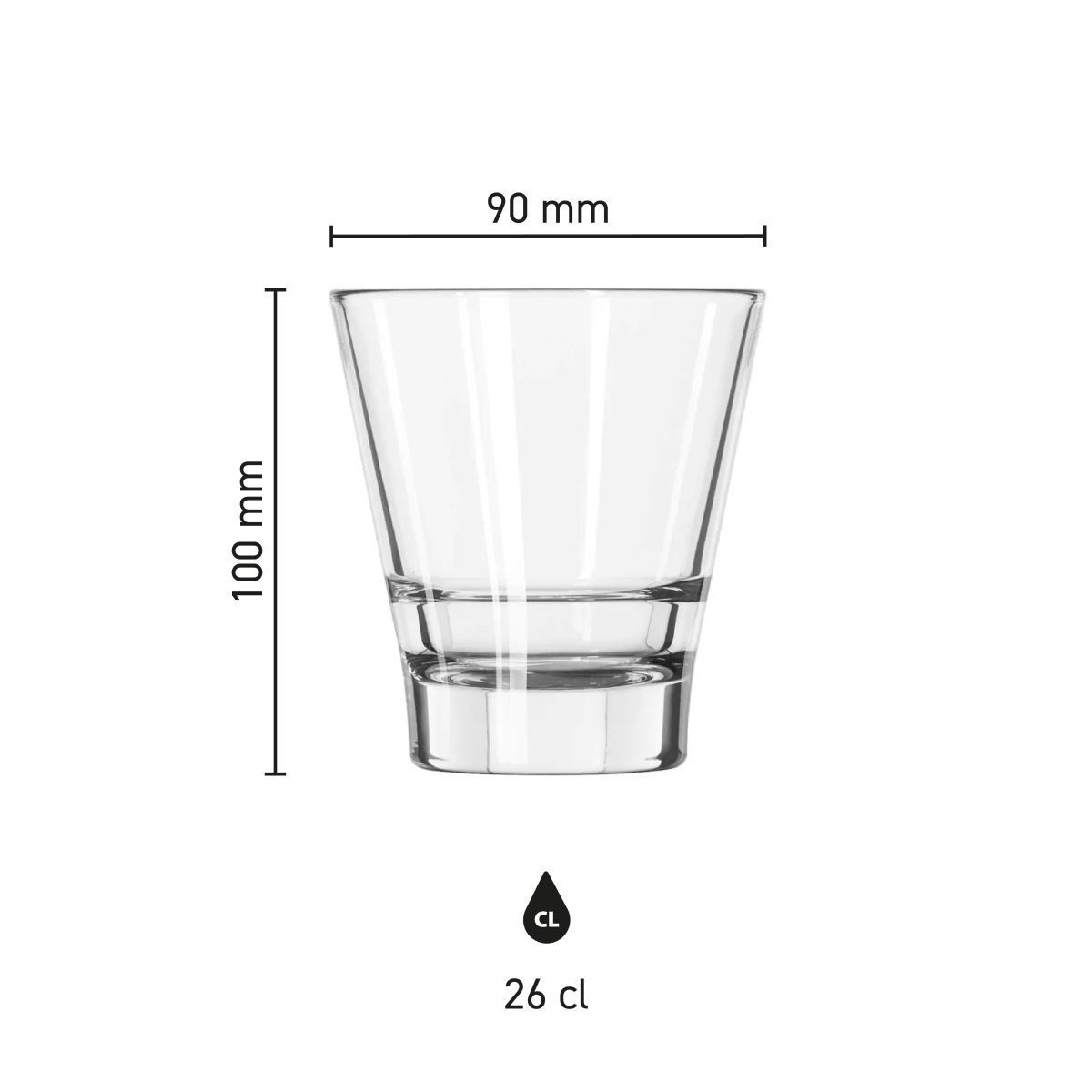 Infographic met gedetailleerde afmetingen van de Tumbler Libbey Endeavor 26 cl. inclusief diameter en hoogte.
