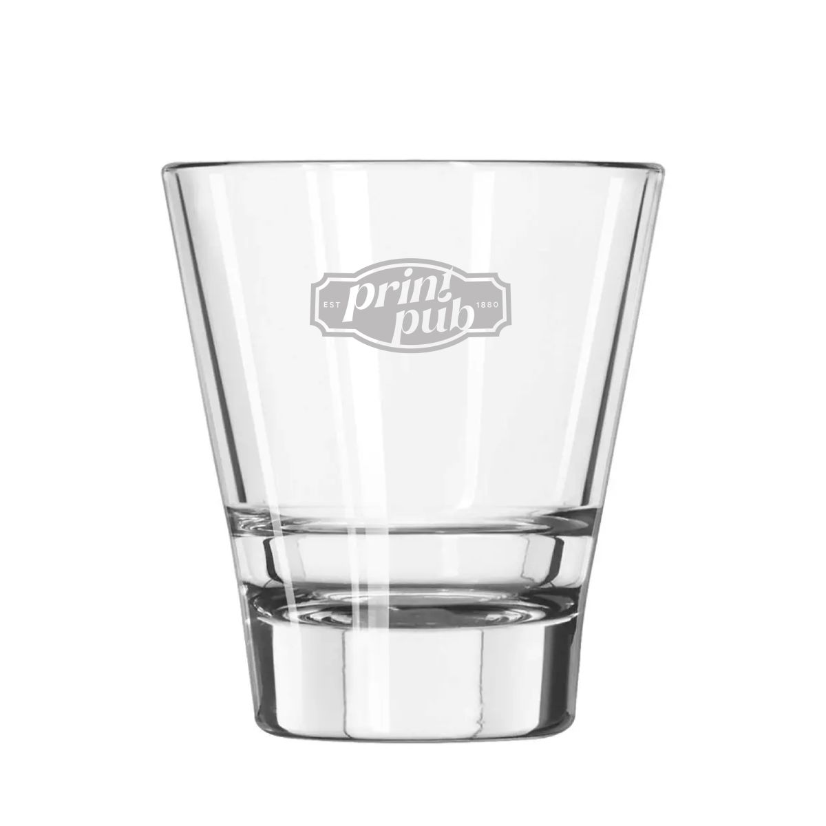 Gravure van PrintPub-logo op tumbler Libbey Endeavor 35 cl. subtiel geplaatst aan de voorkant.