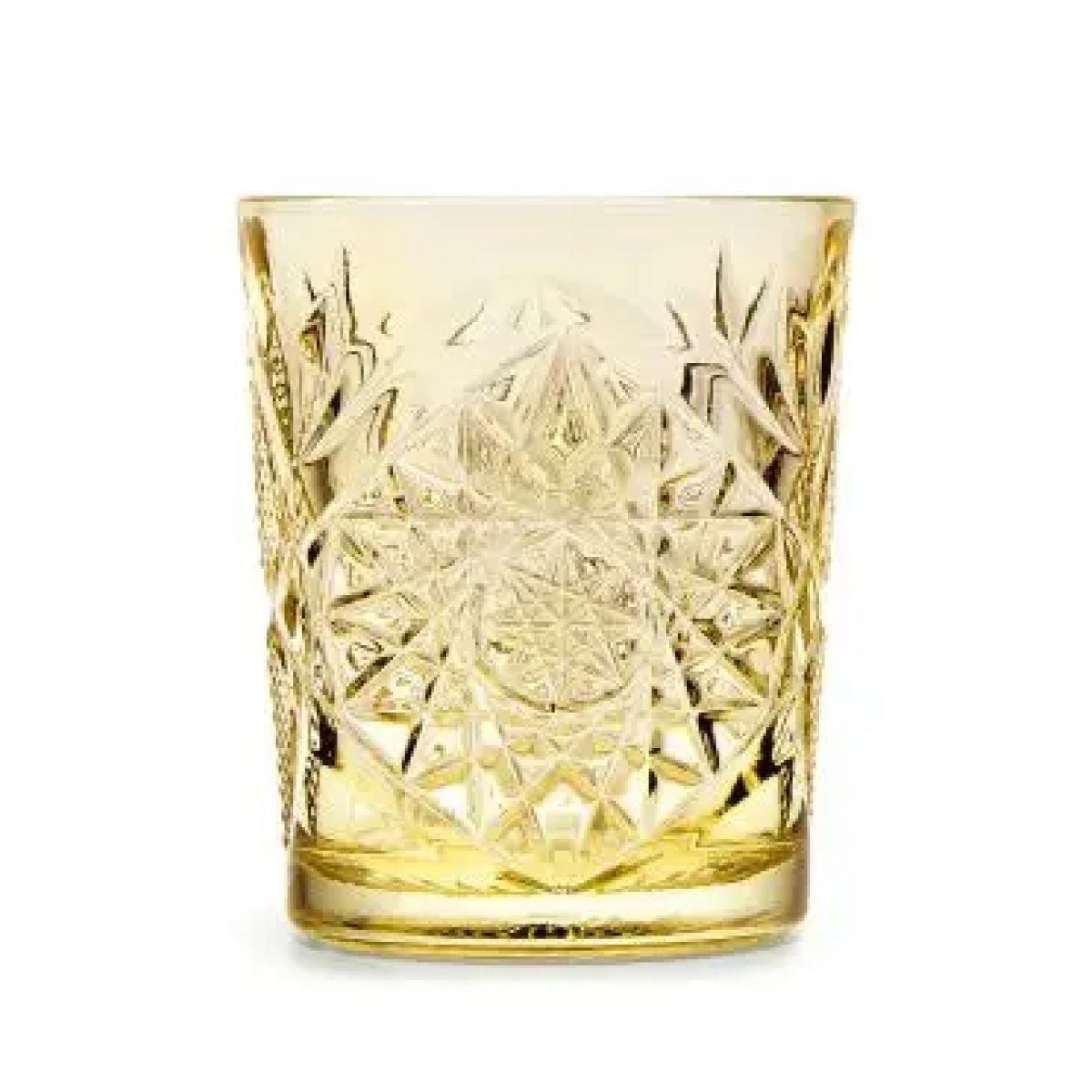 Gele Tumbler Onis Hobstar 35 cl glas met geslepen sterpatroon, vooraanzicht zonder bedrukking