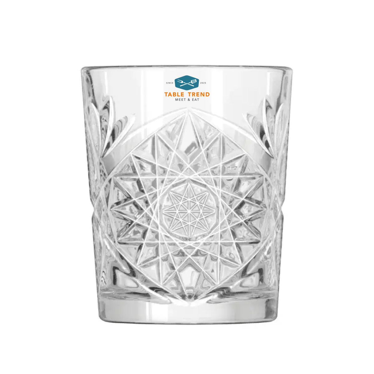 Transparant Tumbler Onis Hobstar 35 cl glas met meerkleurig TableTrend-logo op het voorpaneel