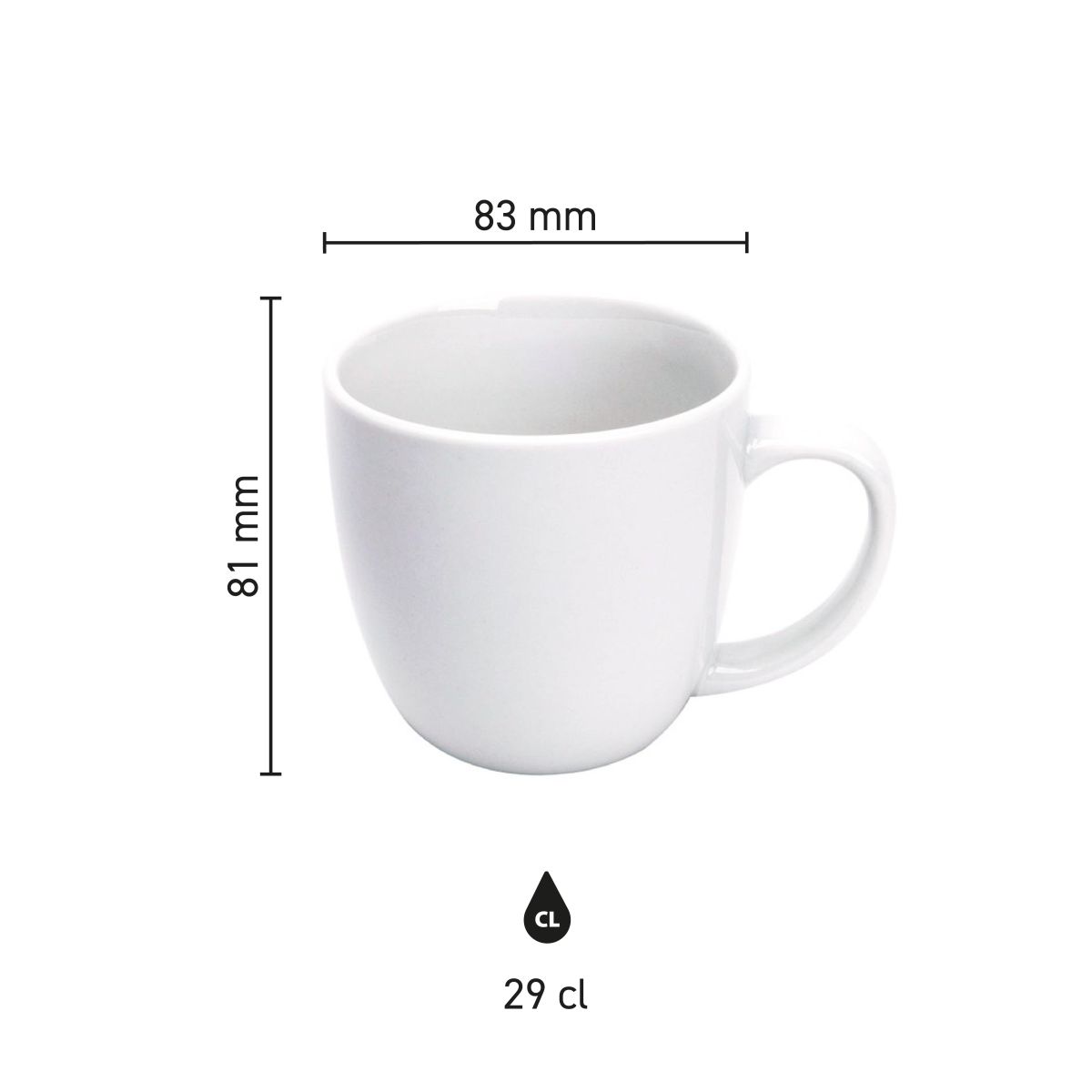 Afbeelding met productafmetingen van Uno mok 29 cl porselein, inclusief diameter en hoogte in beeld.
