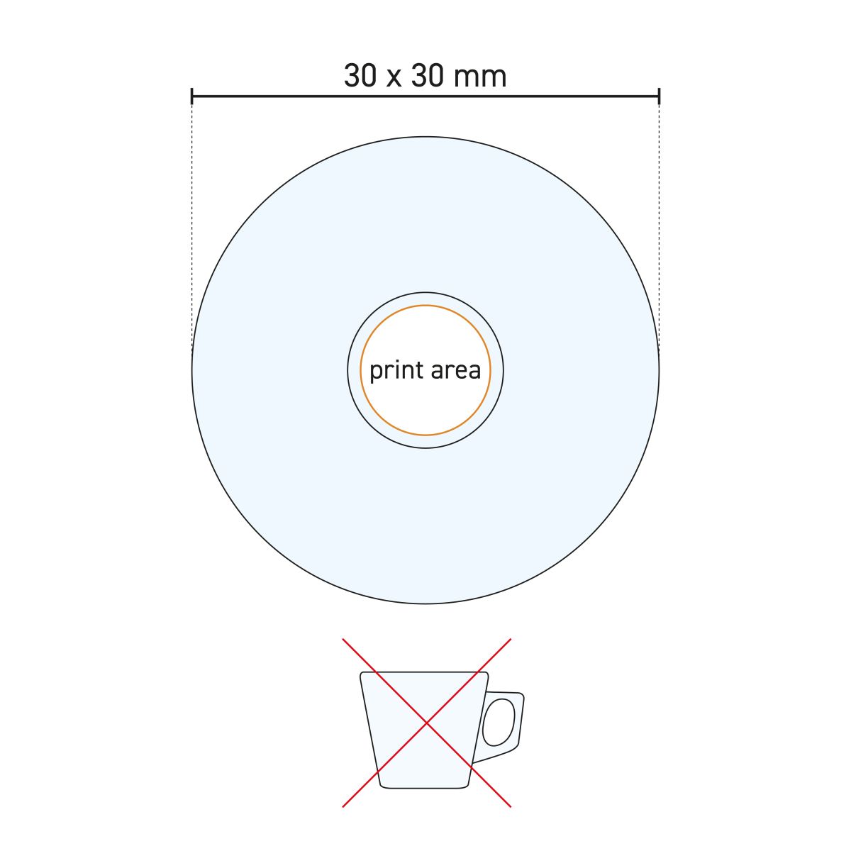 Technische werktekening van de Vela 8 cl kop en schotel set glas met drukgebied-aanduiding