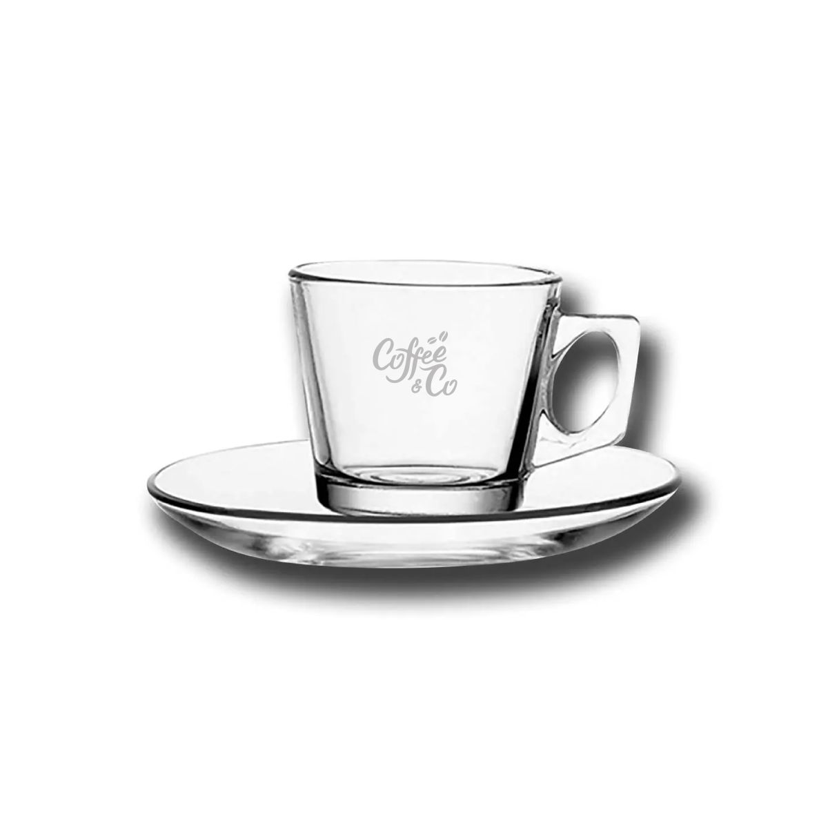 Vela 8 cl kop en schotel set glas met gegraveerd CoffeeCo-logo op het voorpaneel