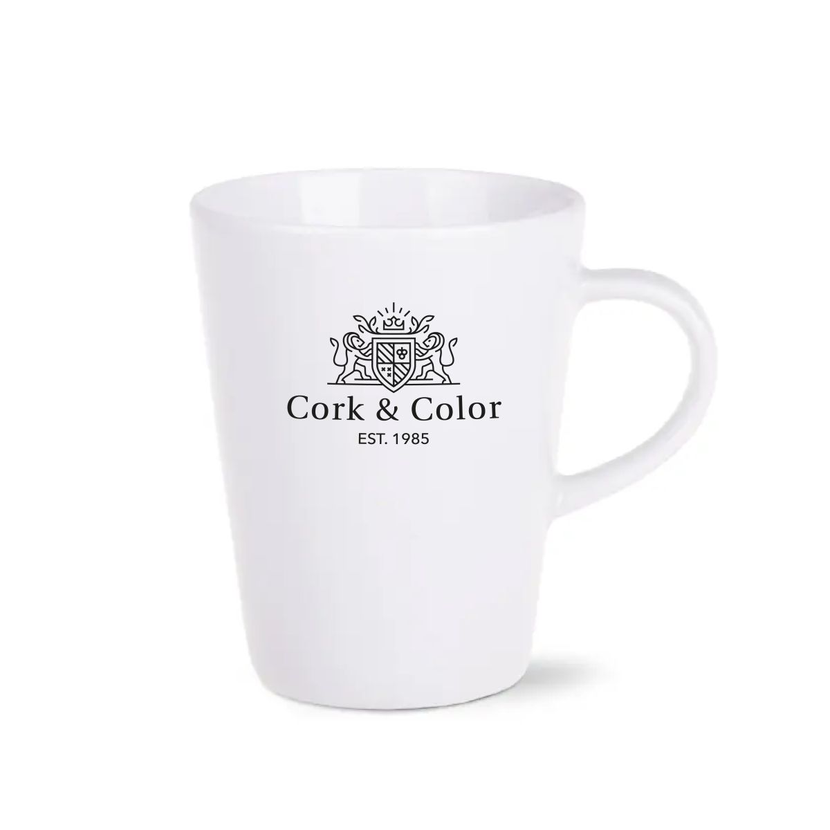 Porseleinen Victor mok 24 cl in vooraanzicht, voorzien van éénkleurig CorkColor logo op het middenvlak.