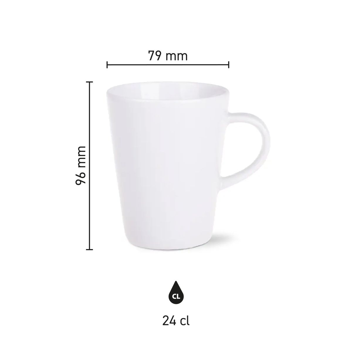 Infographic met afmetingen van Victor mok 24 cl. porselein, inclusief hoogte- en diameterinformatie.