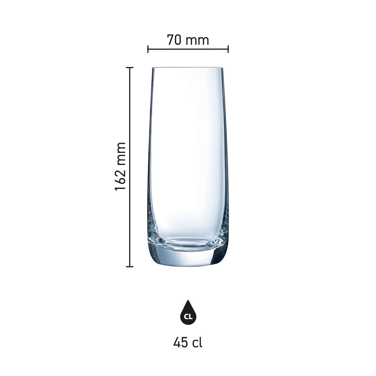 Infographic met afmetingen van het Vigne glas 45 cl. inclusief hoogte en diameter.