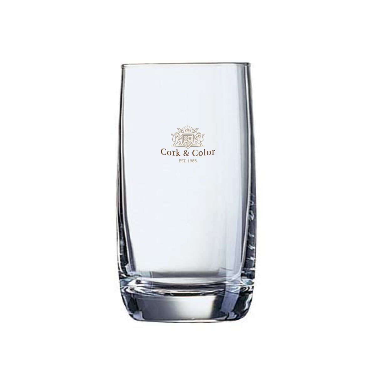 Vigne waterglas 22 cl met meerkleurig vooraanzicht-logo van CorkColor, gedrukt op helder glas.