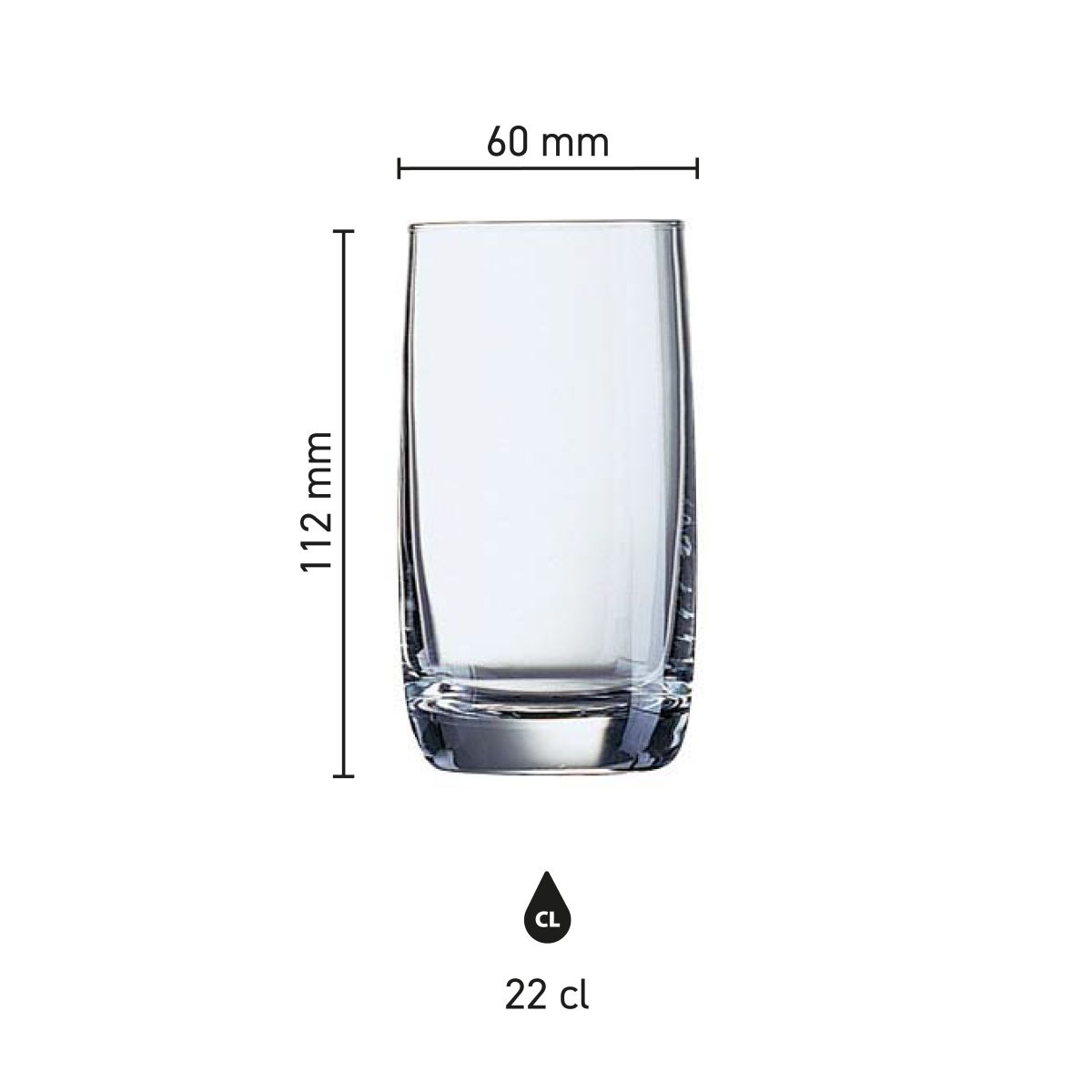 Technische tekening met afmetingen van het Vigne waterglas 22 cl, inclusief hoogte en diameter.