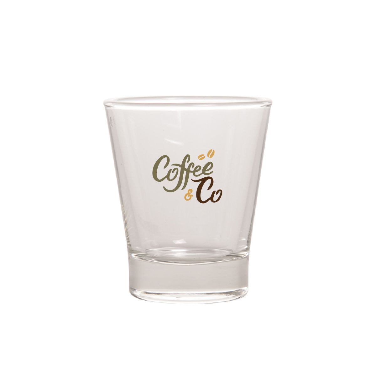 Vooraanzicht van Cafeïno 9 cl glas met kleurrijk logo van CoffeeCo in 2-4 kleuren op de voorzijde.