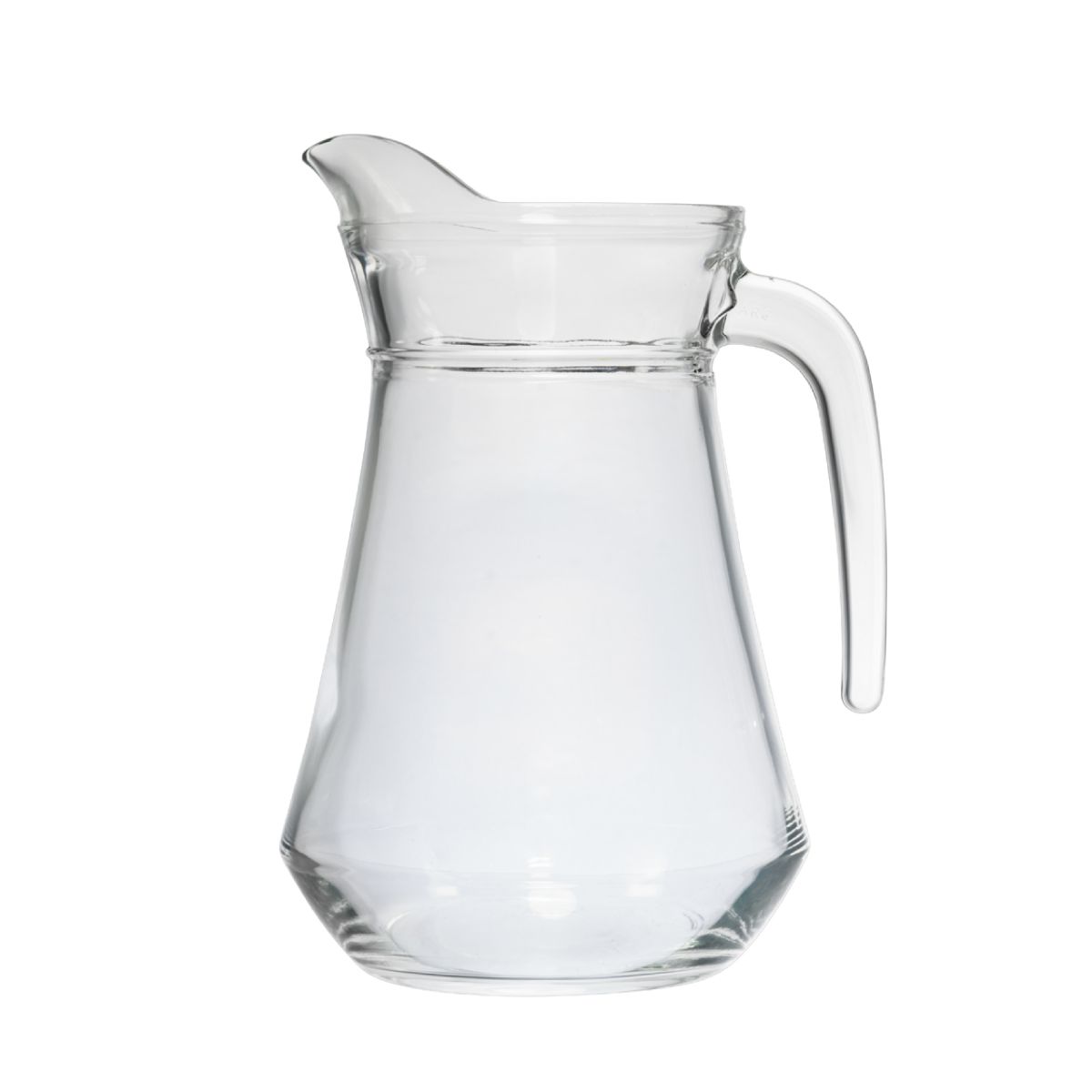 Vooraanzicht van glazen waterkan Broc Arc 1,0 liter met rechte vorm en brede tuit.