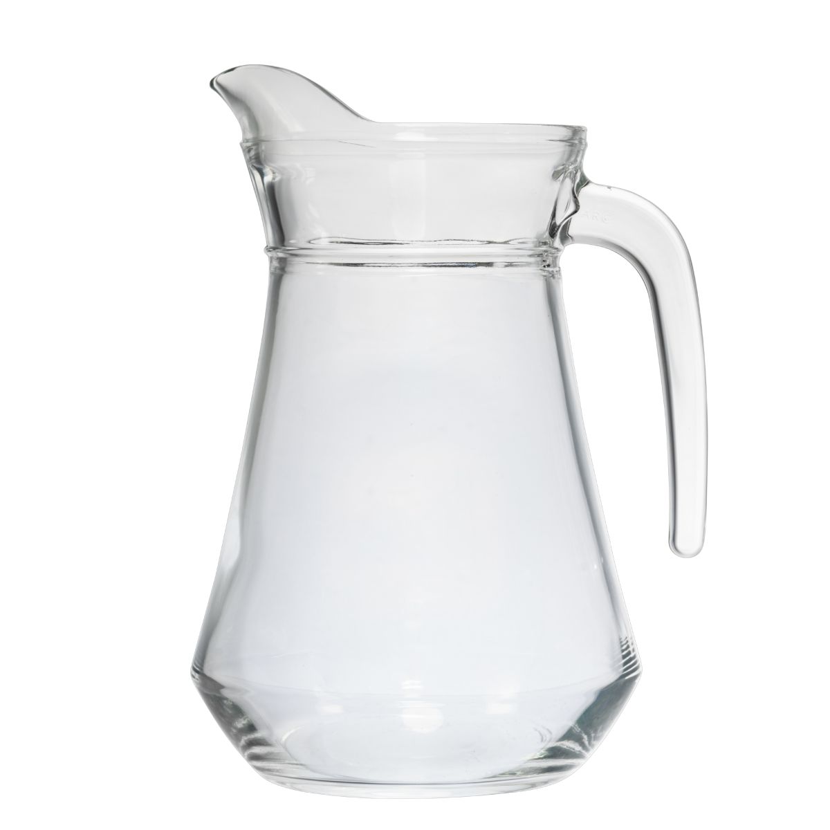 Vooraanzicht van glazen waterkan Broc Arc 1,3 liter met rechte vorm en brede schenktuit.