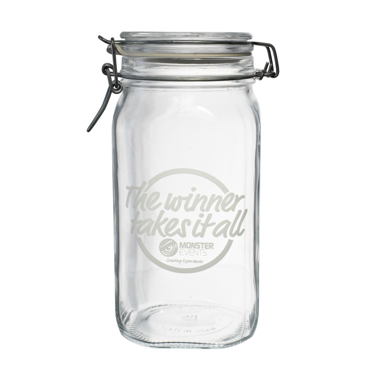 Weckpot Fido 1,5 liter vierkant glas met gegraveerd logo van Monster Events op de voorzijde
