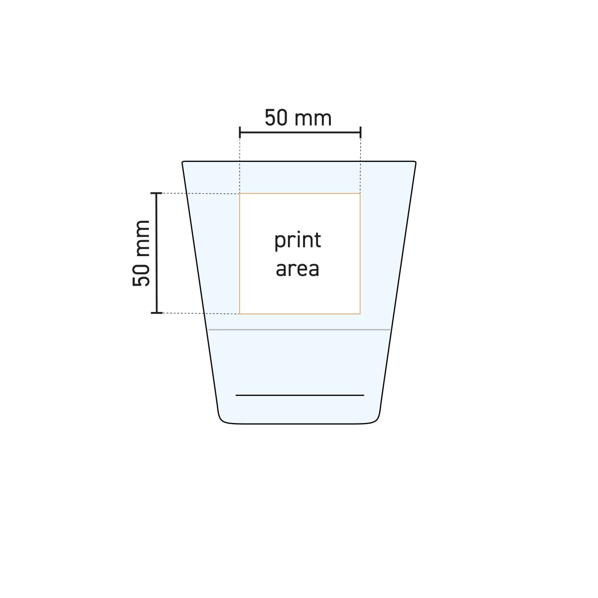 Technische werktekening van het whiskyglas Grande S 41 cl met aanduiding van drukgebied.