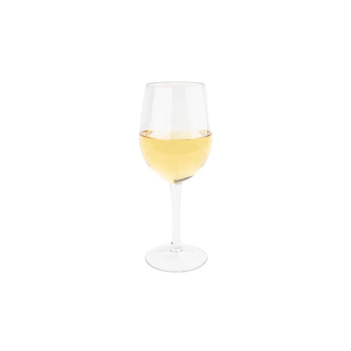 Gevuld kunststof wijnglas van 35 cl tegen witte achtergrond, geschikt voor presentatie van drankgebruik.