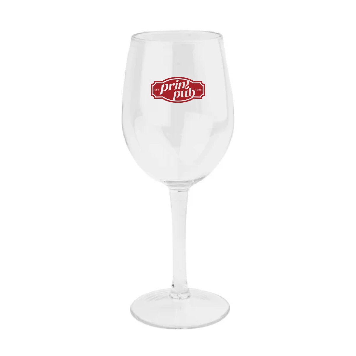Kunststof wijnglas van 35 cl met enkelkleurig PrintPub-logo op de voorzijde, helder zichtbaar op het glas.