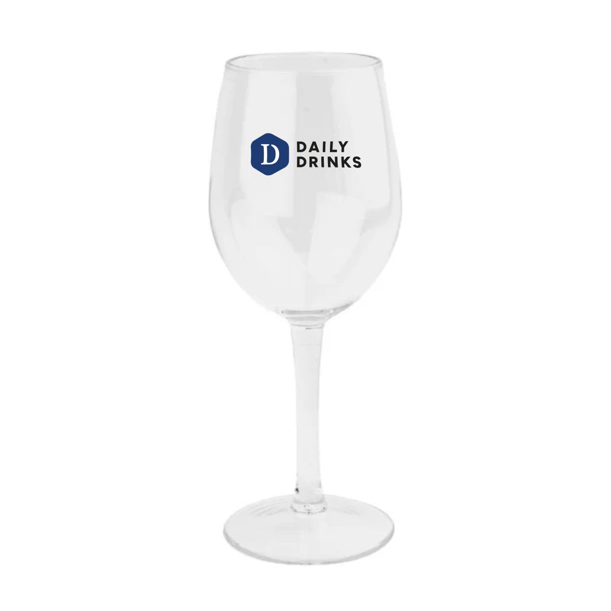 Wijnglas van 35 cl van kunststof met meerkleurig DailyDrinks-logo op het vooraanzicht gedrukt.
