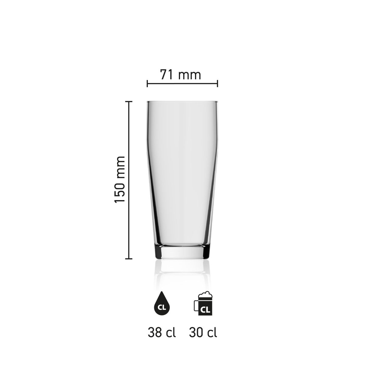 Maatvoering van de Willibecher 38 cl. glas met hoogte, diameter en inhoud in infographic