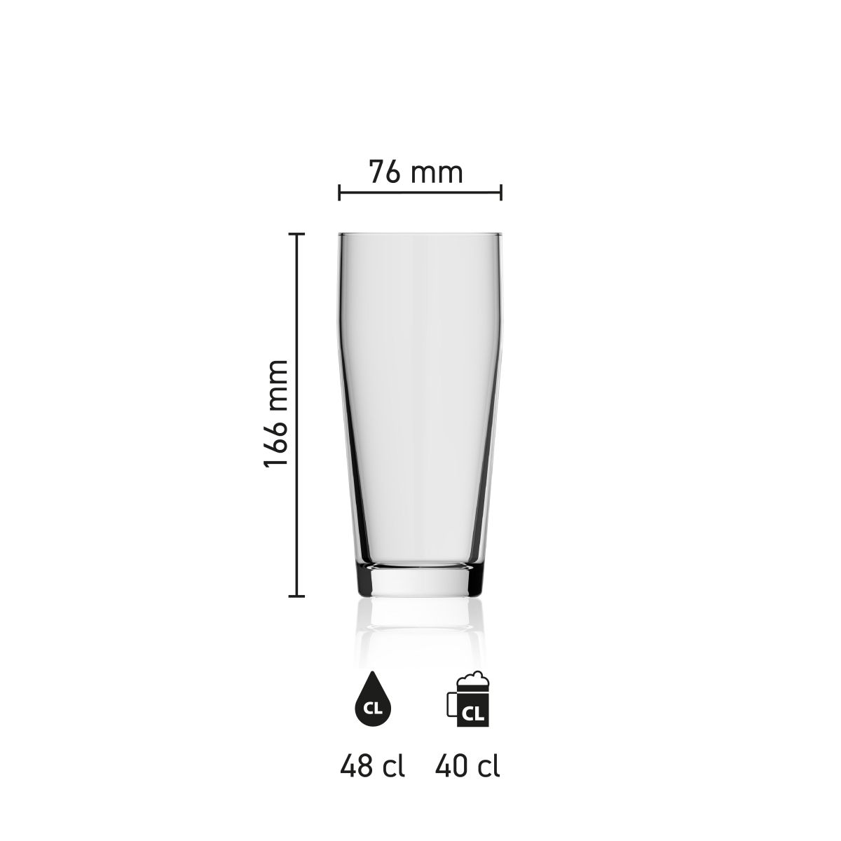 Maatvoering van de Willibecher 48 cl. glas met hoogte, diameter en inhoud in infographic