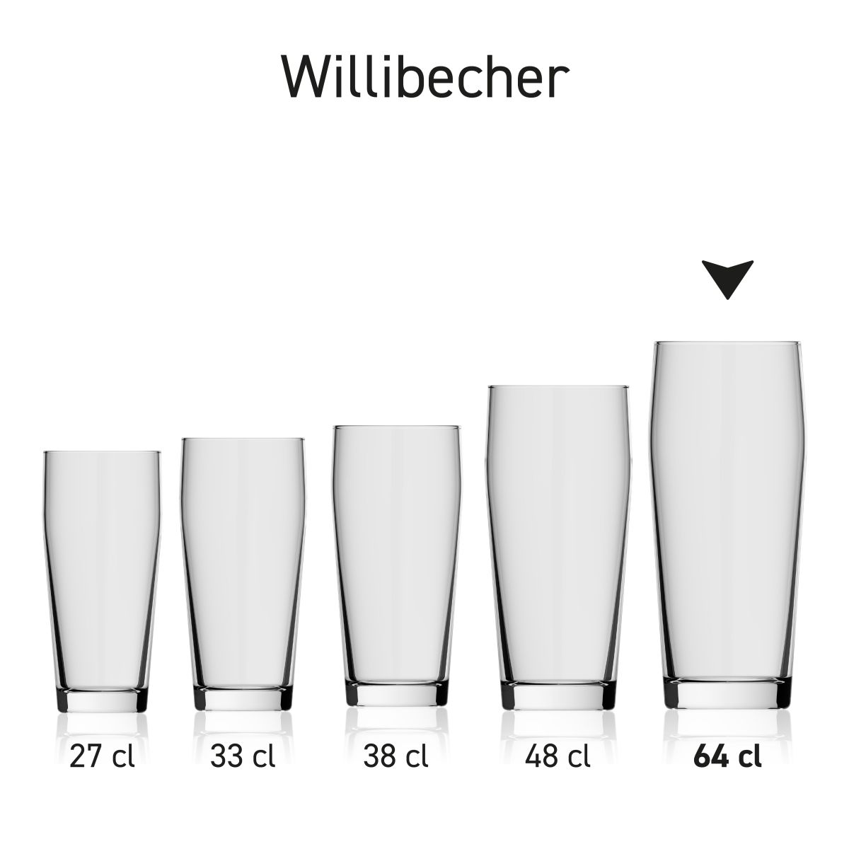 Willibecher 64 cl. glas in serie, meerdere exemplaren naast elkaar getoond