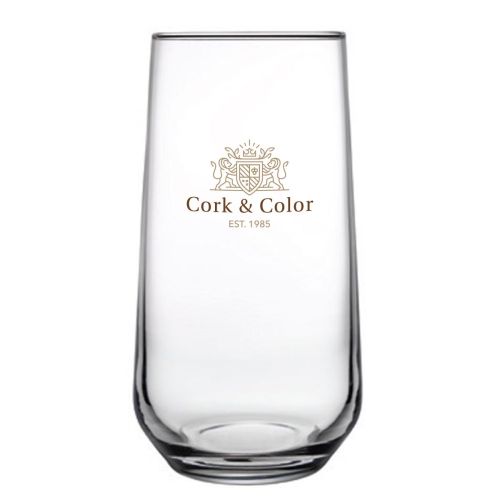 Allegra longdrinkglas 47 cl van glas met CorkColor-logo in meerdere kleuren op het vooraanzicht.