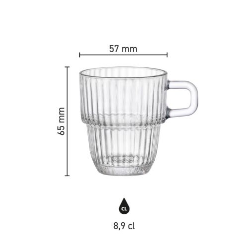 Gedetailleerde infographic met hoogte- en breedtematen van het Barshine Espressoglas 8,9 cl.