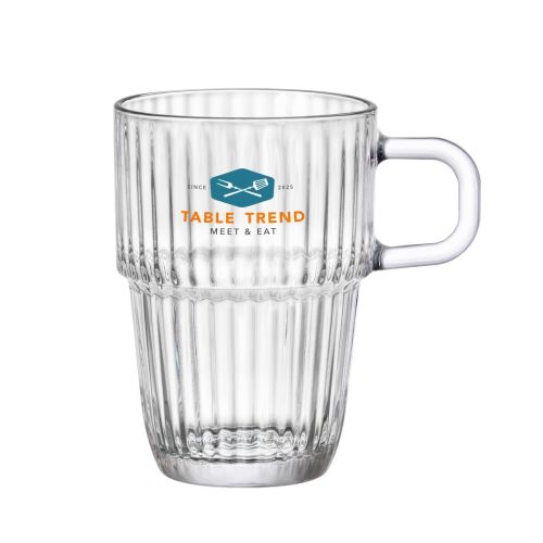 Latteglas met meerkleurig TableTrend-logo op de voorzijde van het Barshine glas 31,5 cl.