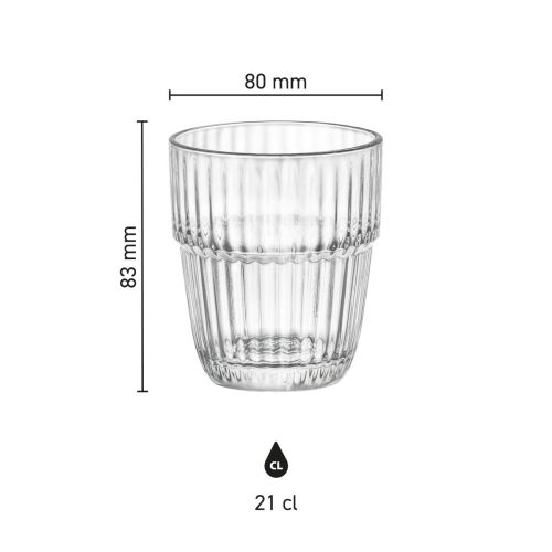 Infographic met specificaties van Barshine Tumbler glas 21 cl inclusief hoogte, breedte en inhoud.