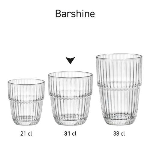 Rij Barshine Tumbler glazen van 31 cl in serie getoond voor visuele vergelijking en uniformiteit.