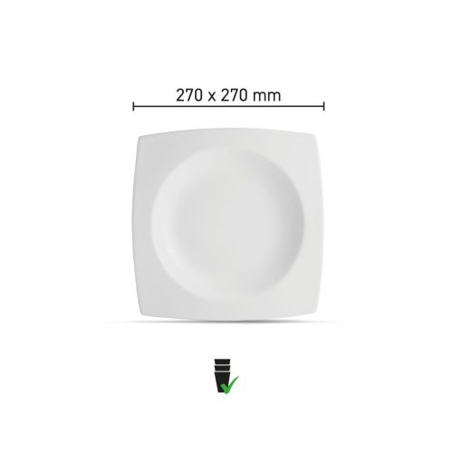 Vierkant diep Squito bord 27 cm van porselein met infographic van productafmetingen en formaatweergave.