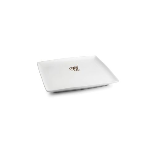 Vierkant Squito bord 10 cm porselein met CoffeeCo logo in één kleur op de bovenzijde.