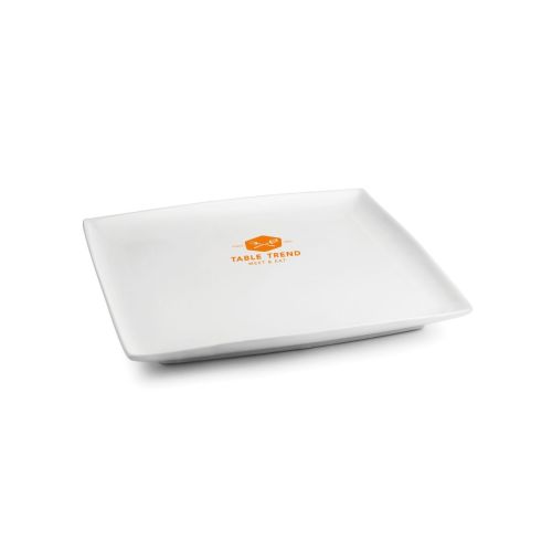 Vierkant Squito bord 18 cm van porselein met 1-kleur logo TableTrend op het vooraanzicht.